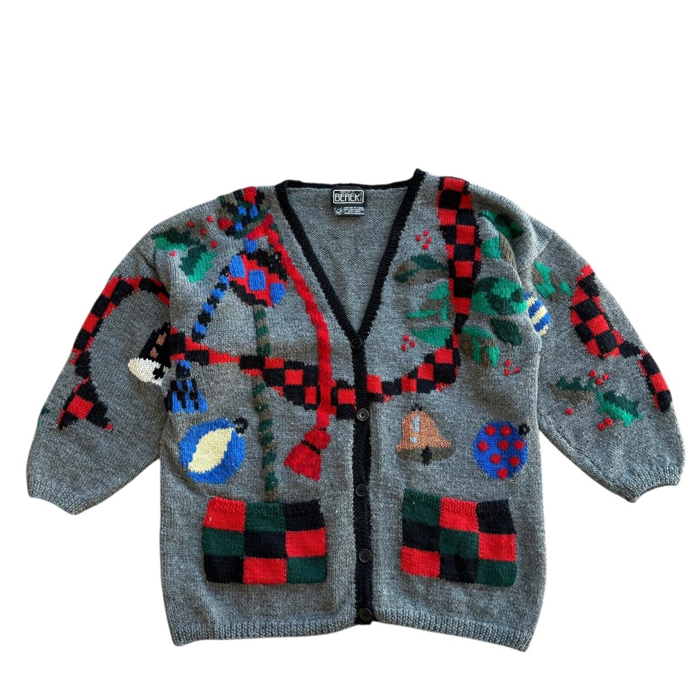 Vintage Berek Cardigan Hand Knit Wool Christmas Ornaments Trees Bells‎ Grey XL